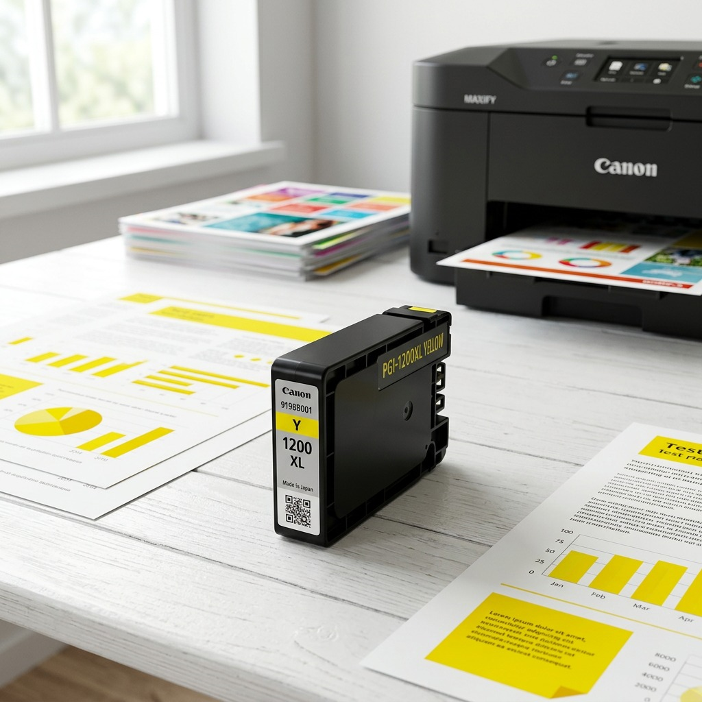 Canon MAXIFY high yield yellow ink cartridge in natural light, positioned beside printed colored pages.