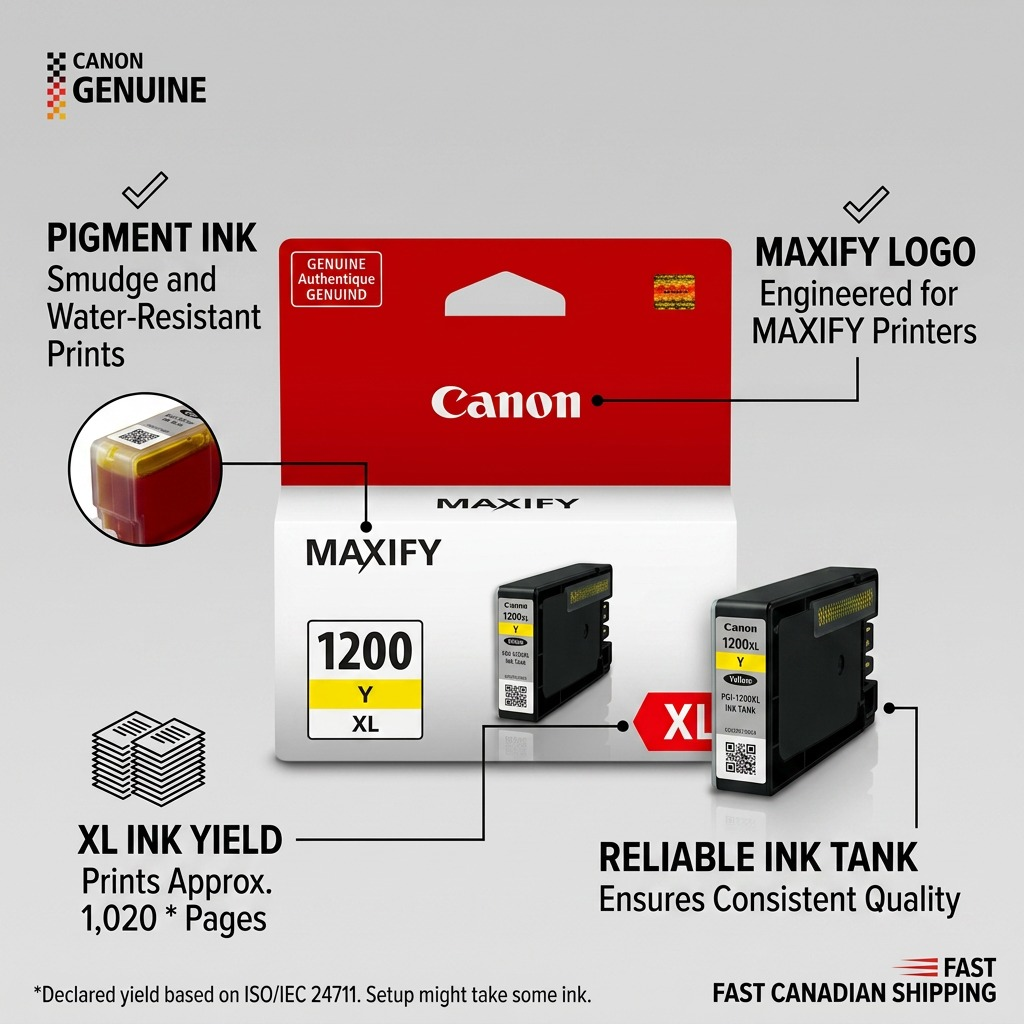Canon MAXIFY PGI-1200XL Yellow Ink tank visual matrix showing feature highlights, including pigment ink benefits, high yield, and printer compatibility.
