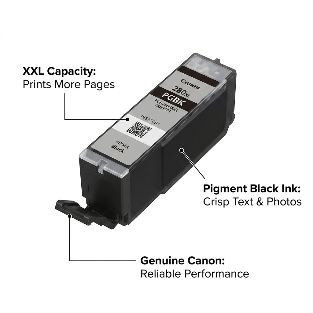 Canon PGI-280XXL ink cartridge on white background with calls to PGBK ink, XXL capacity, reliable, crisp.