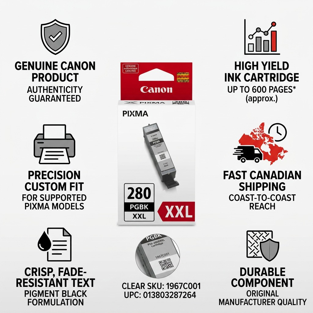 Trust infographic for Canon PGI-280XXL ink, detailing product facts, quality, and fast shipping.