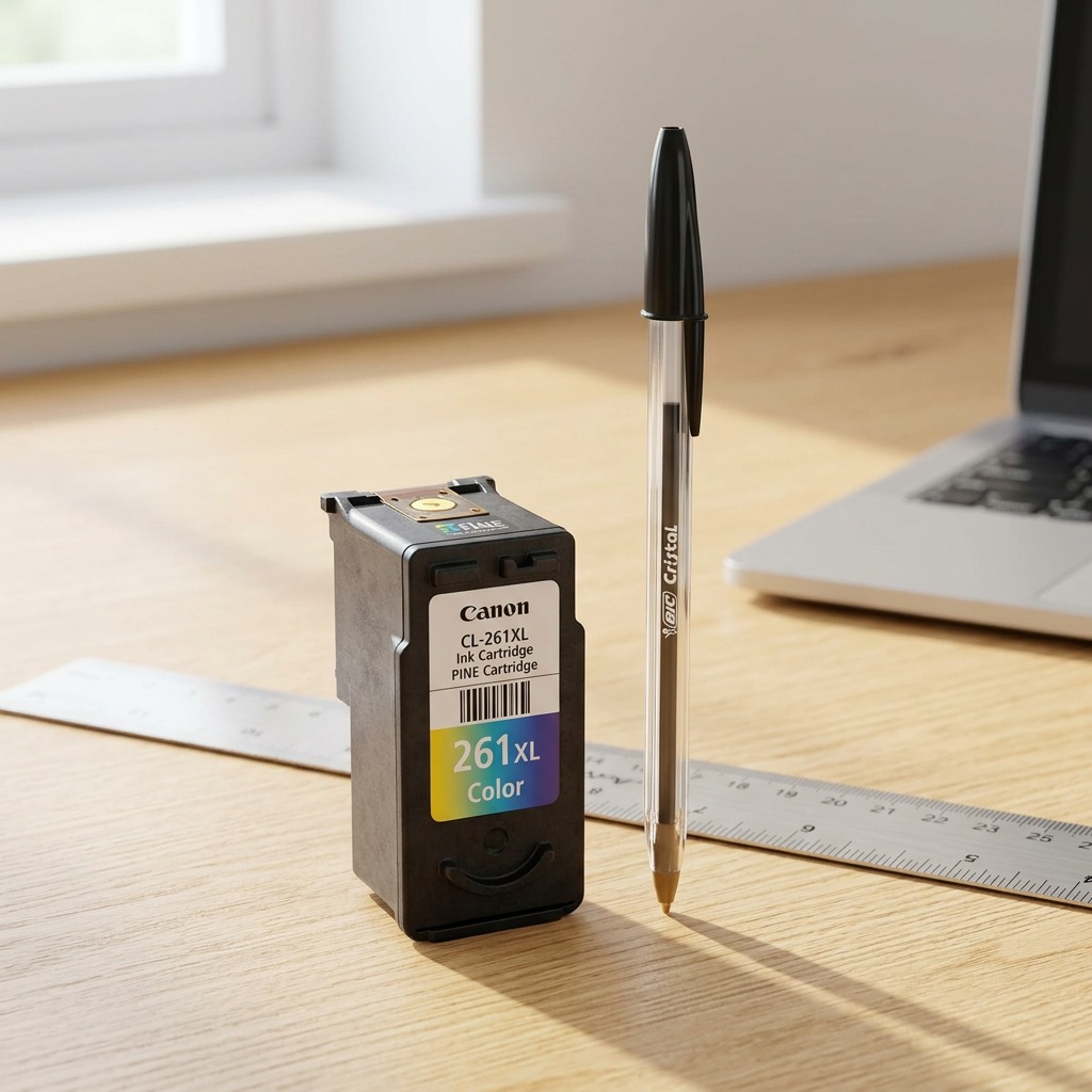 Scale reference image of a Canon CL-261XL ink cartridge next to a ballpoint pen on a desk.