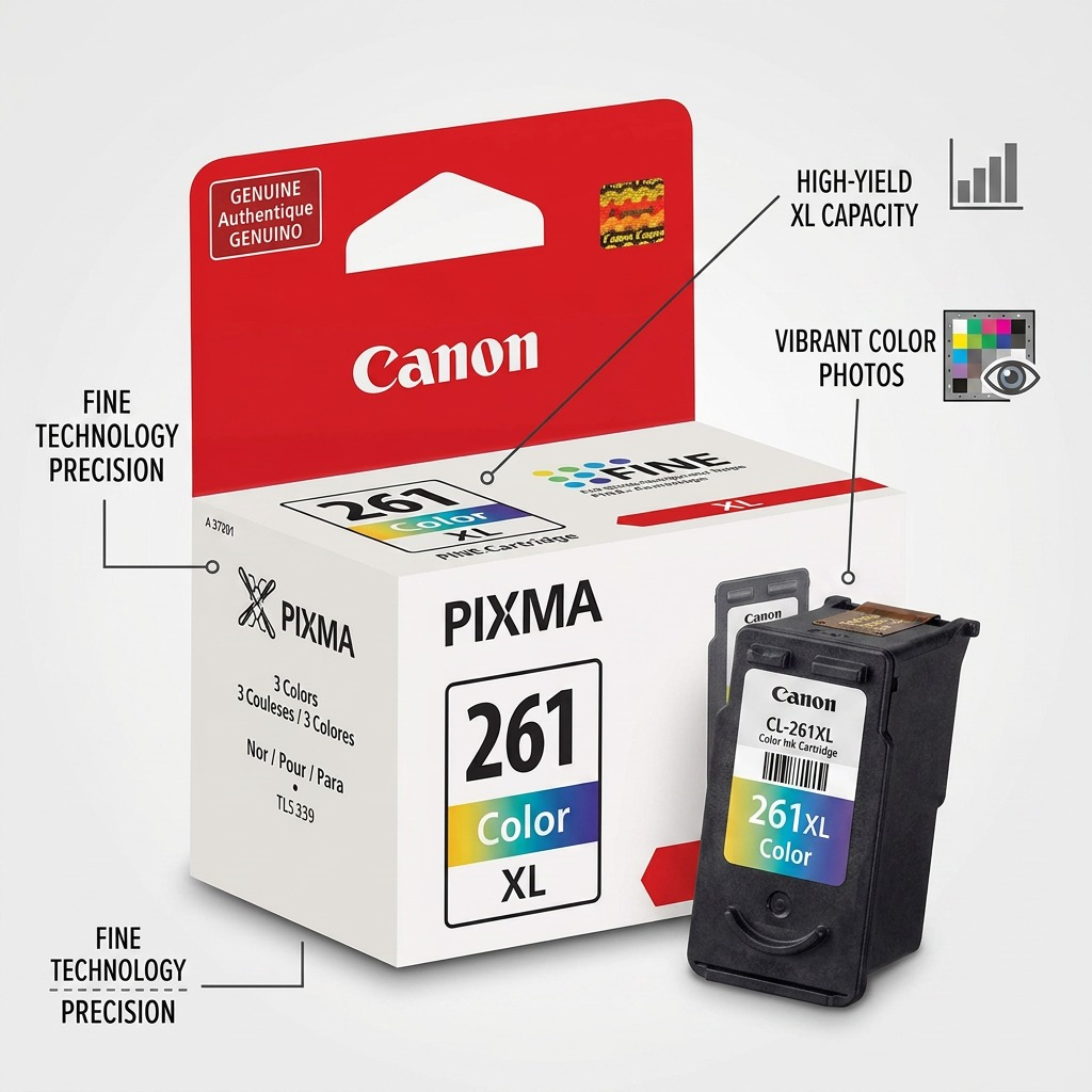 Operational features matrix: Canon CL-261XL ink with callouts for capacity, photo quality, and technology.