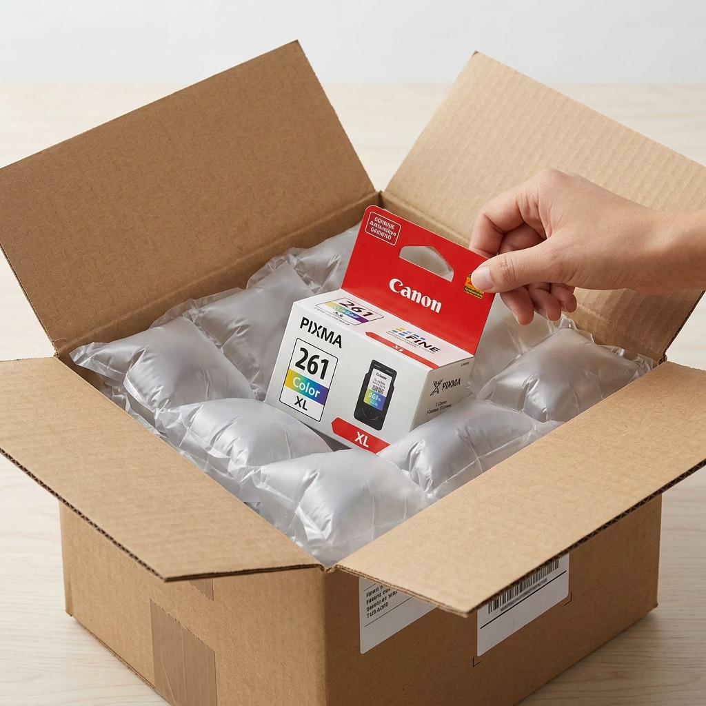 Premium close-up, a safe Canon 3724C001 ink cartridge inside secure bubble-wrap and an open shipping box.