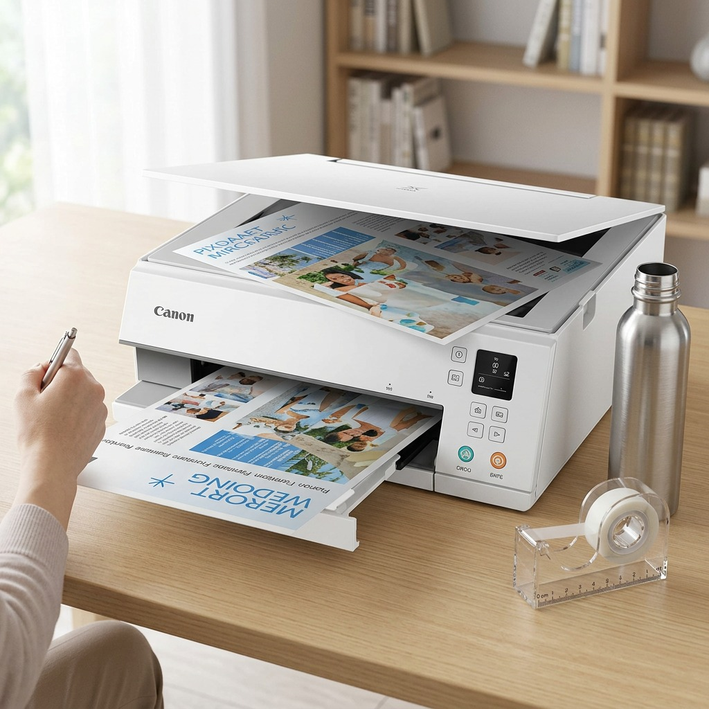 Canon PIXMA TS6320 printer shown on a desk with household objects for size reference.
