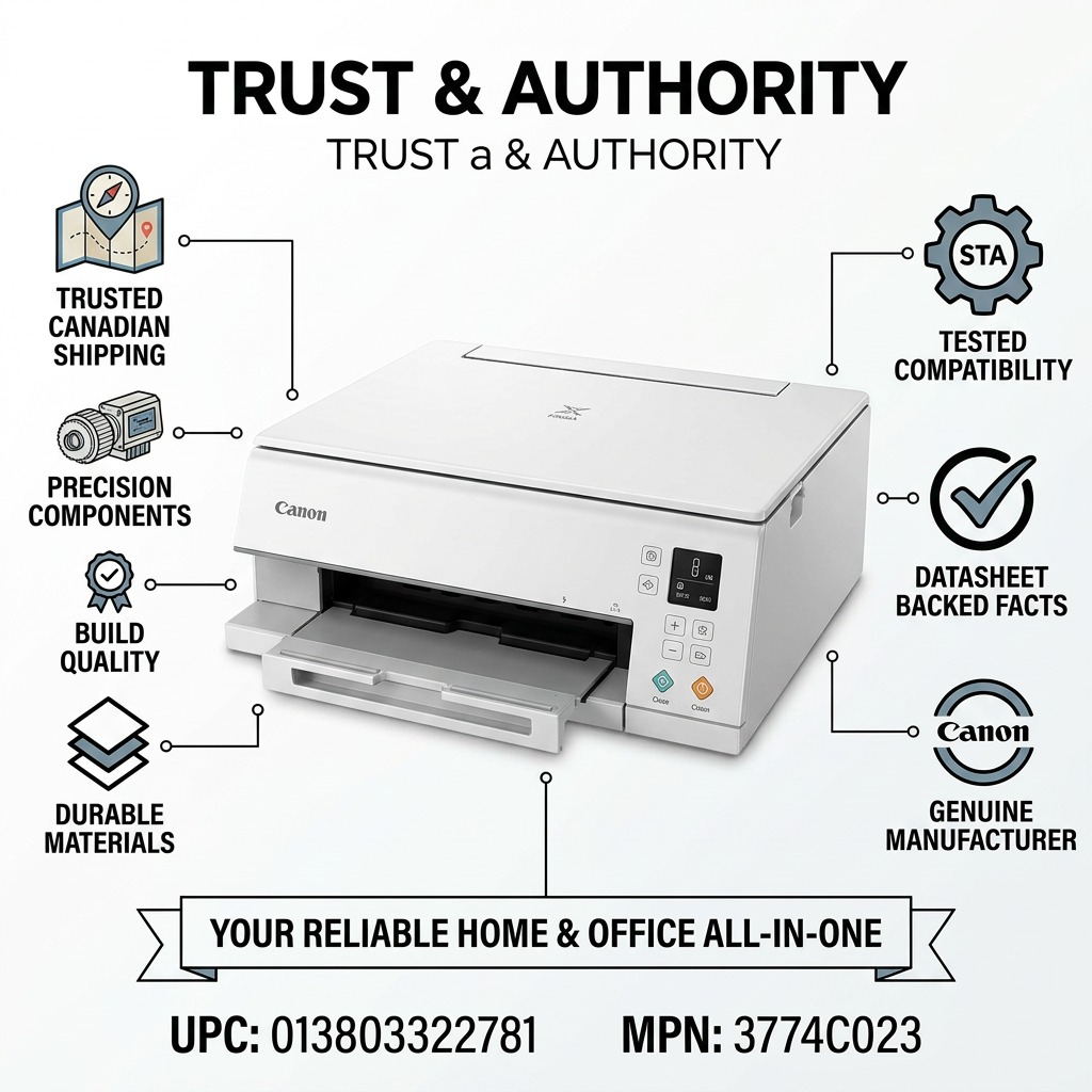Canon PIXMA TS6320 trustworthiness infographic with fast Canadian shipping and genuine manufacturer details, showing UPC 013803322781 and MPN 3774C023.
