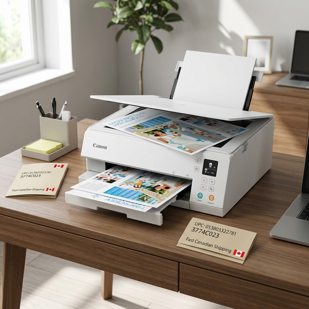 Lifestyle photograph of the Canon PIXMA TS6320 (MPN: 3774C023) in a home office, printing a vibrant photo.