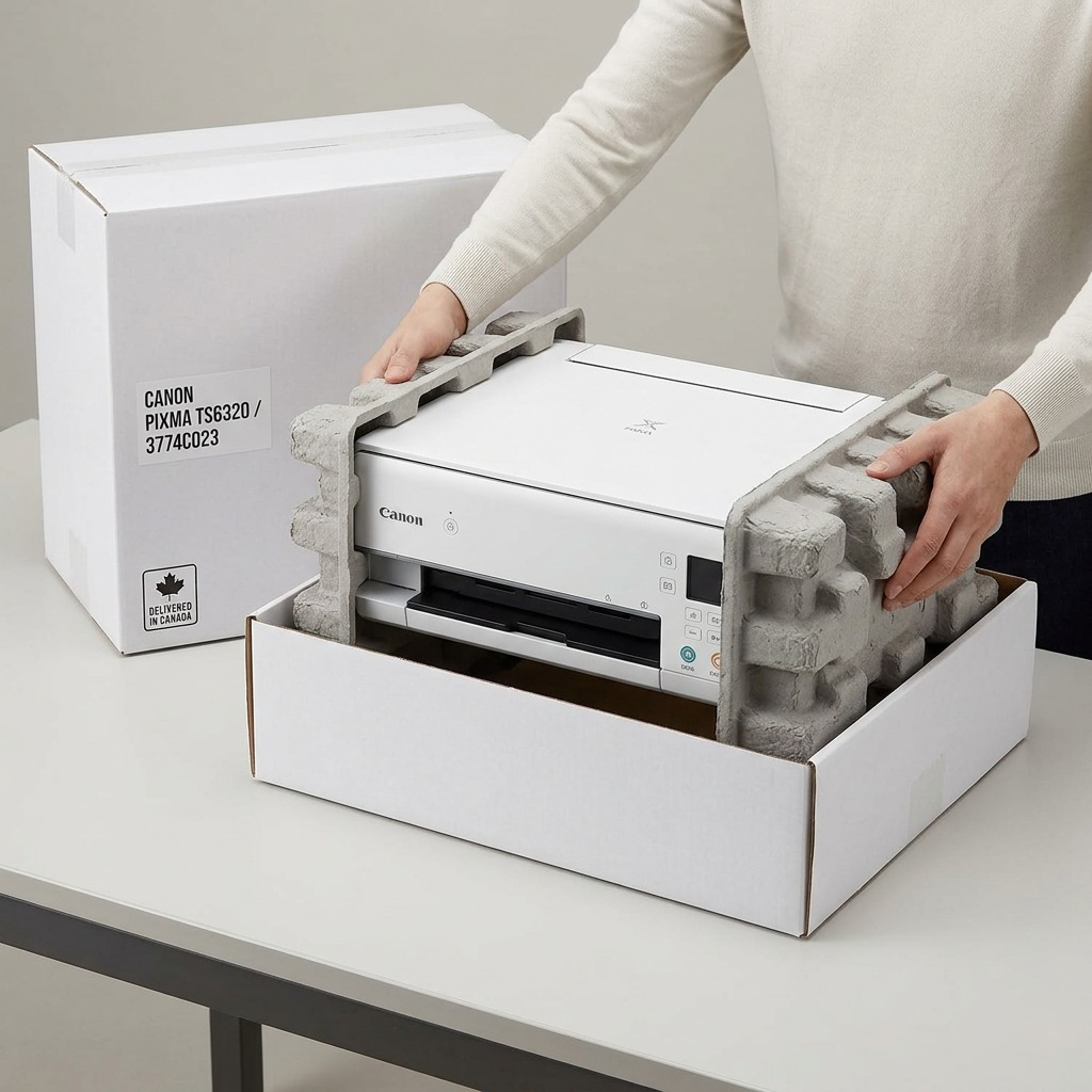A white Canon PIXMA TS6320 printer is carefully unboxed from a well-padded, neutral packaging box.