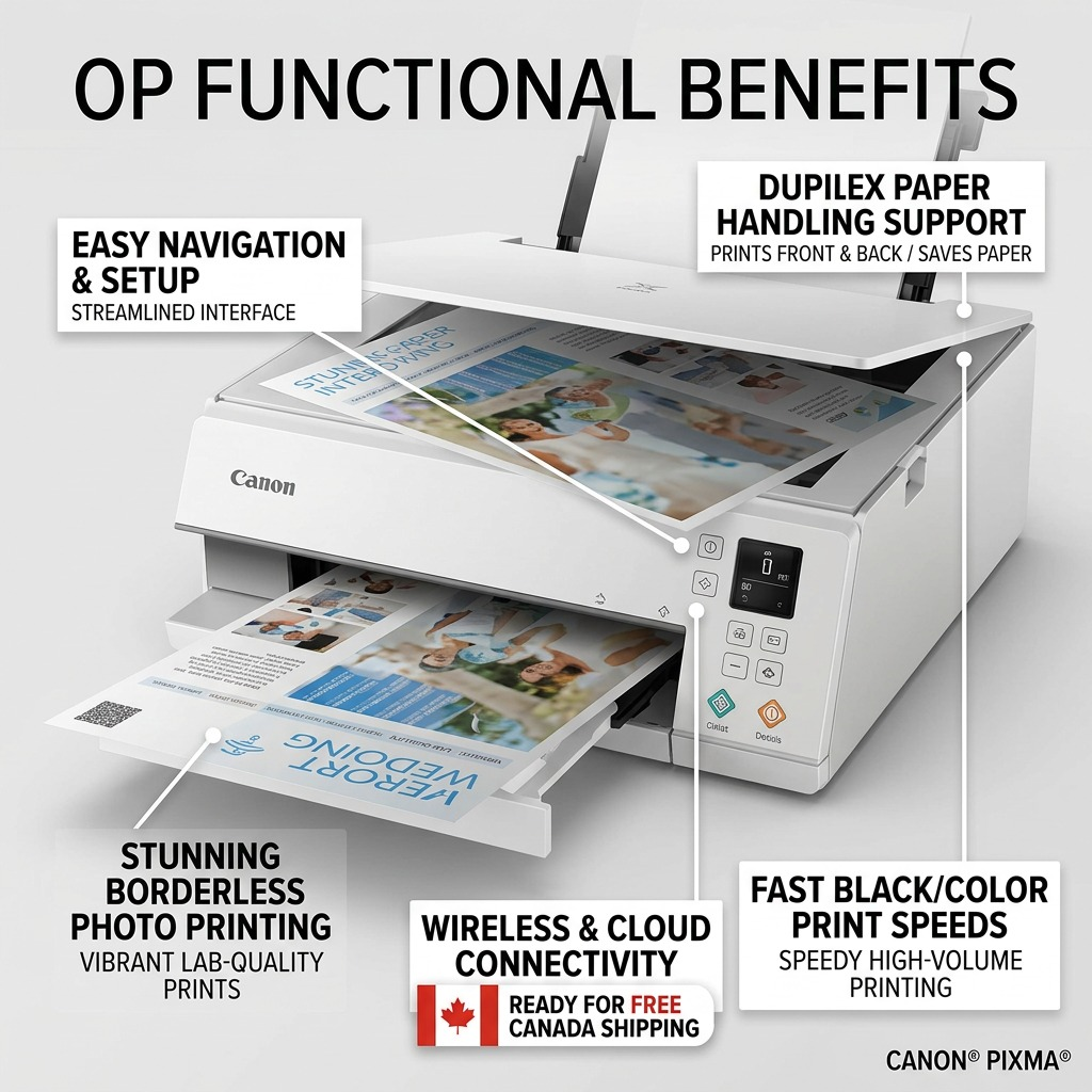 A functional infographic for the Canon PIXMA TS6320 highlighting borderless printing, duplexing, and speed.
