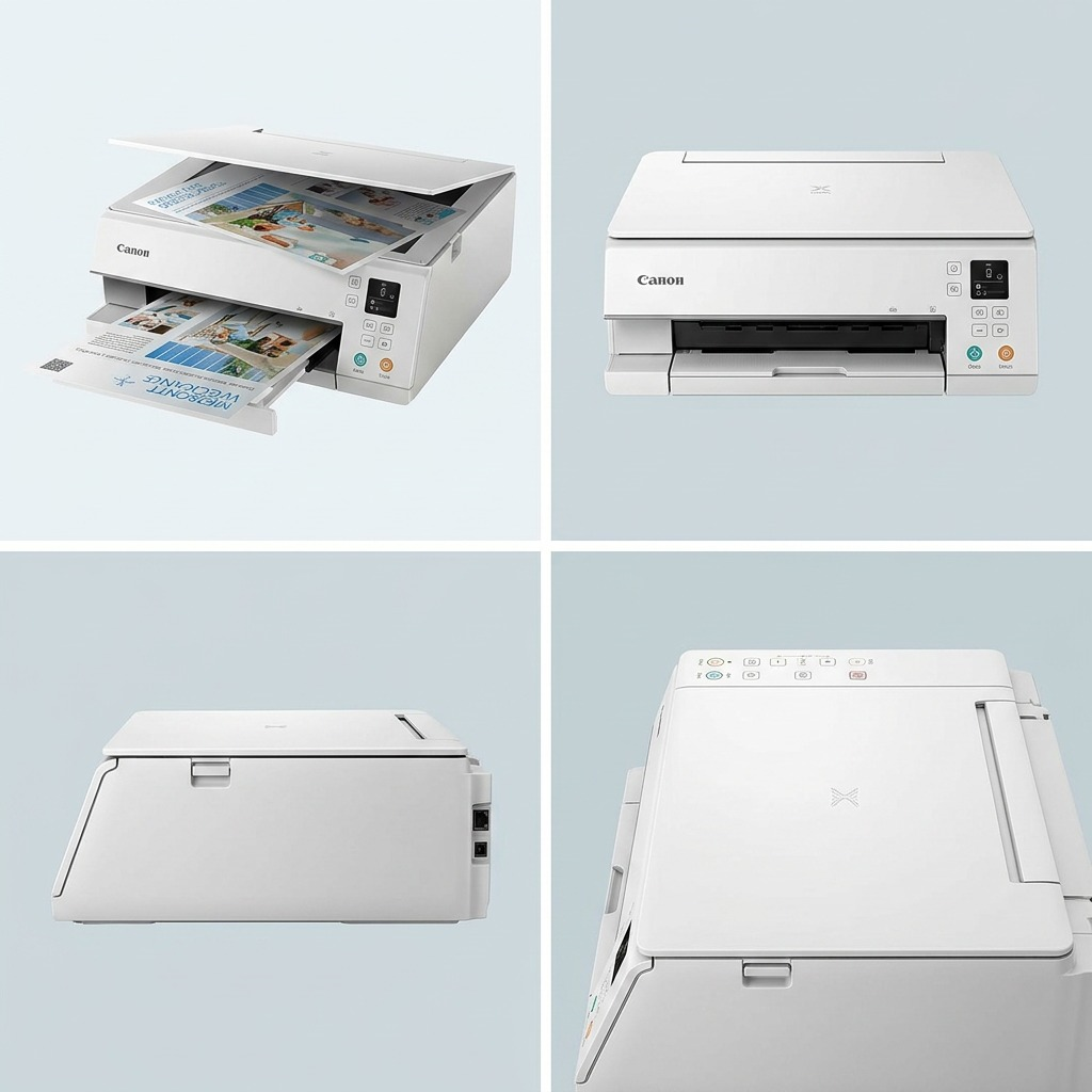 A grid matrix showing the exact white Canon PIXMA TS6320 printer from three distinct angles.