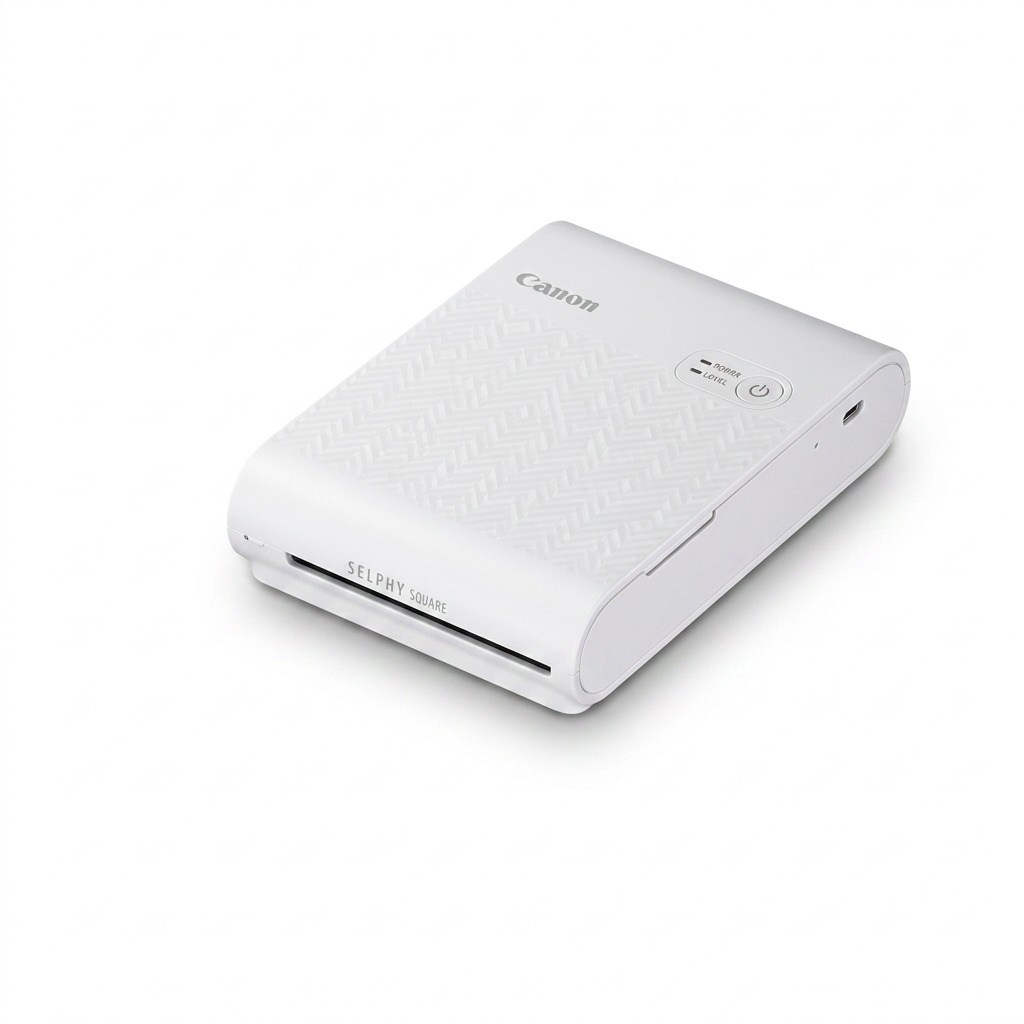A clean, centered hero shot of the white Canon SELPHY Square QX10 printer on a pure white background.