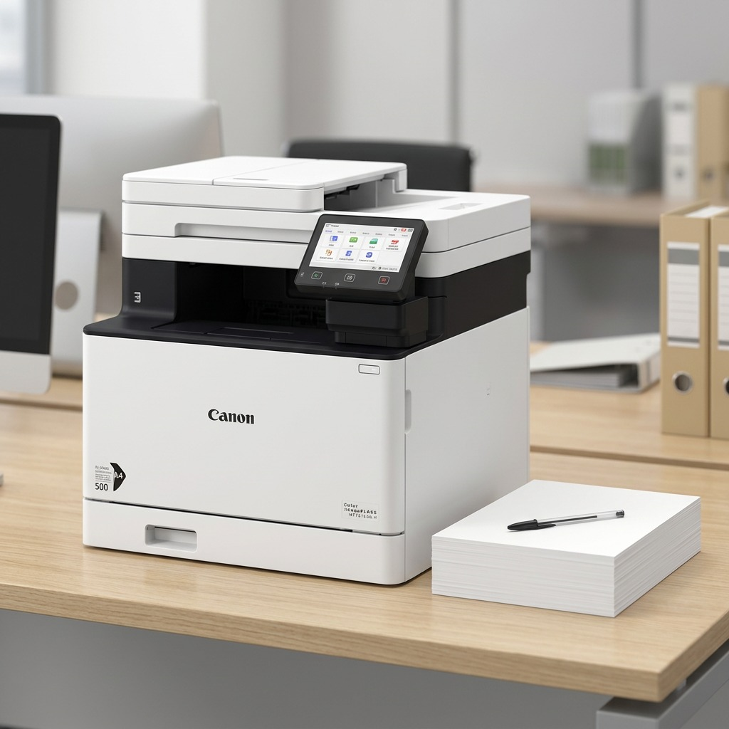 A Canon MF751Cdw II printer sits on an office desk beside a stack of standard A4 paper.
