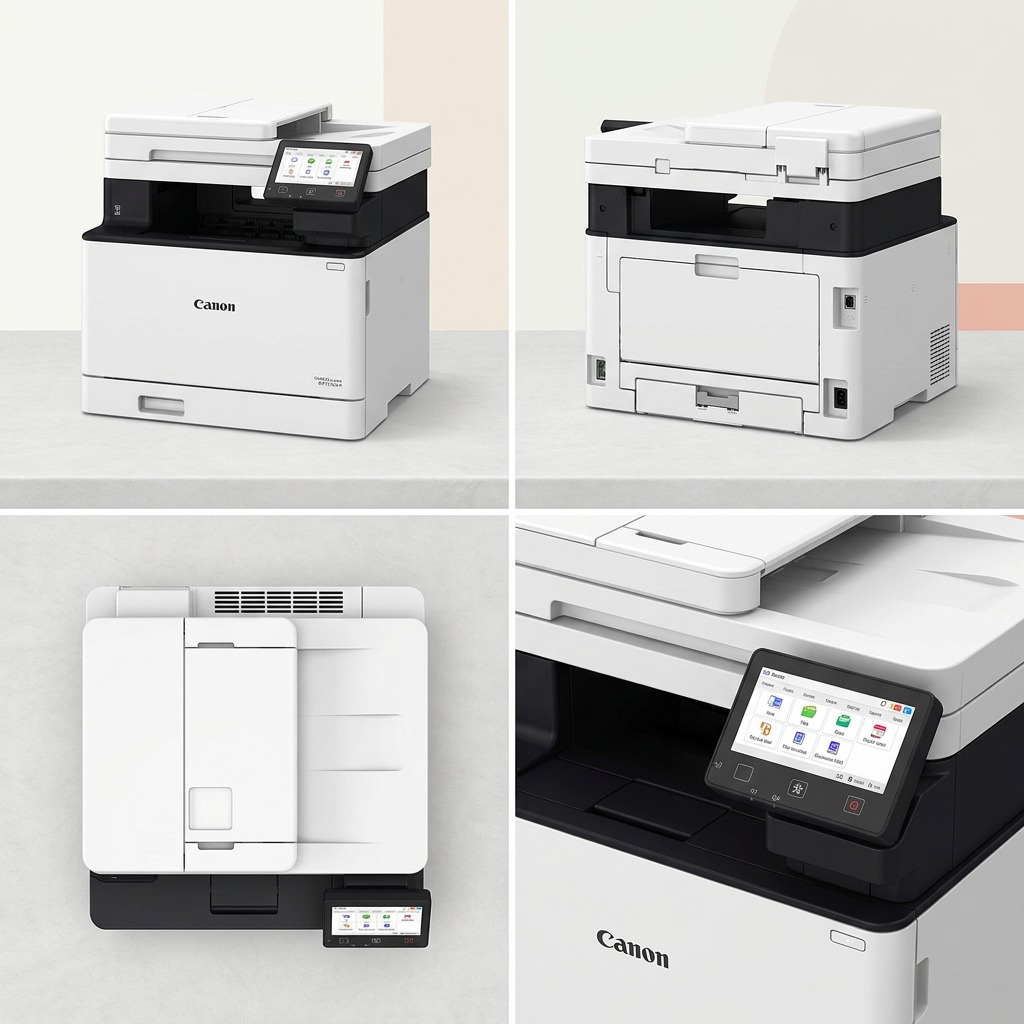 A functional product matrix grid showcasing the specific Canon Color imageCLASS MF751Cdw II, presenting the identical white multifunction printer device from multiple distinct 360-degree angles in a clean visual layout.