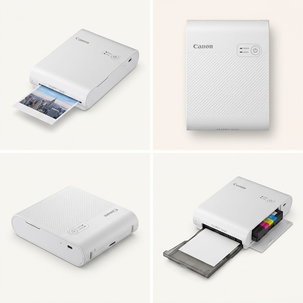 A clean ecommerce grid matrix showing the Canon SELPHY Square QX10 printer from four distinct angles to illustrate its compact design.