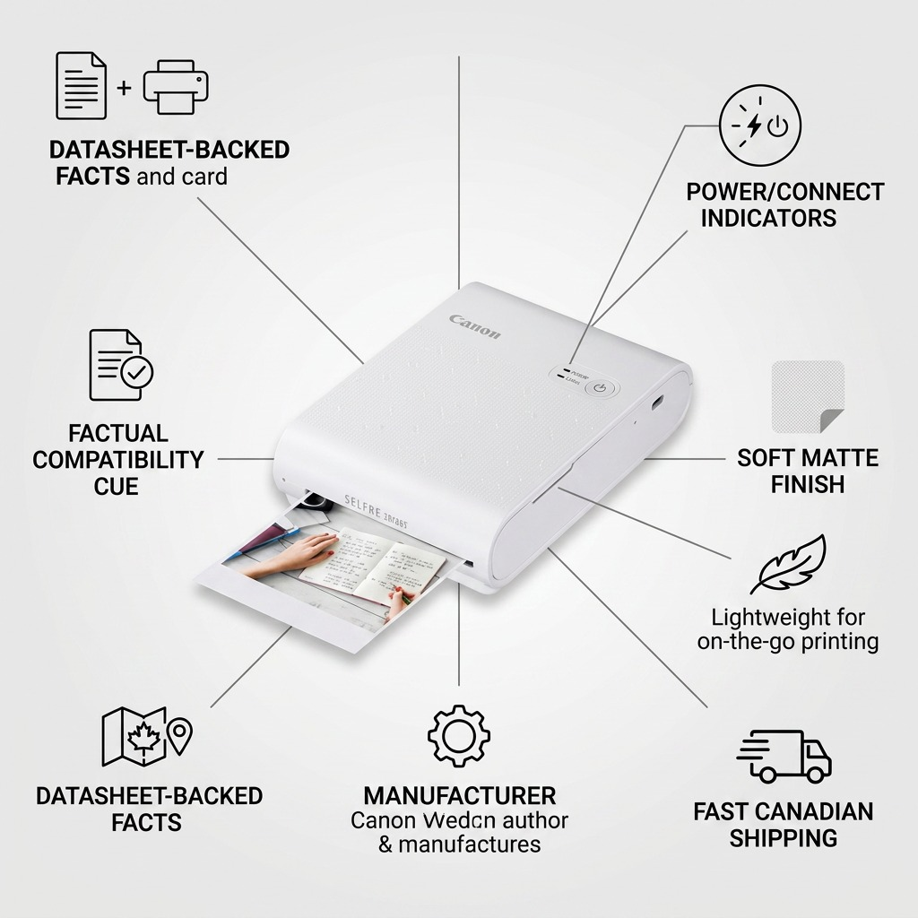 A trust infographic with the Canon SELPHY Square QX10 printer, factual cues, and Canadian shipping icon.