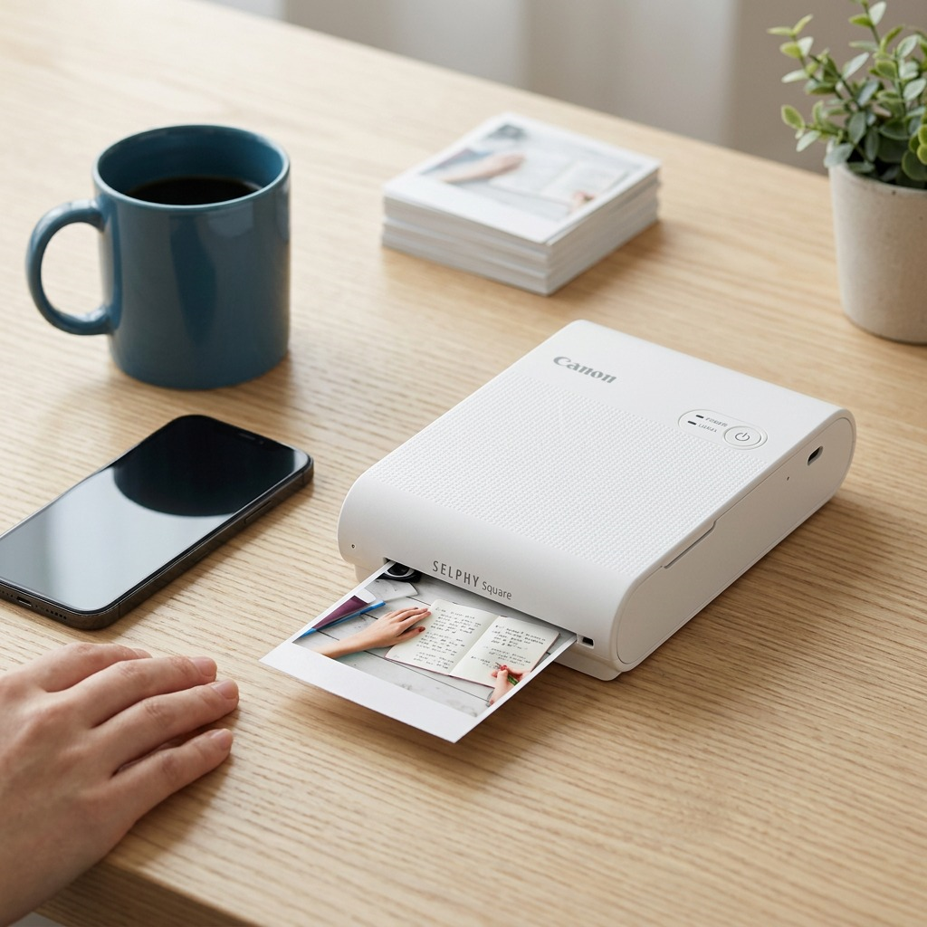 A Canon SELPHY QX10 printer on a desk next to a coffee mug and a smartphone for scale reference.