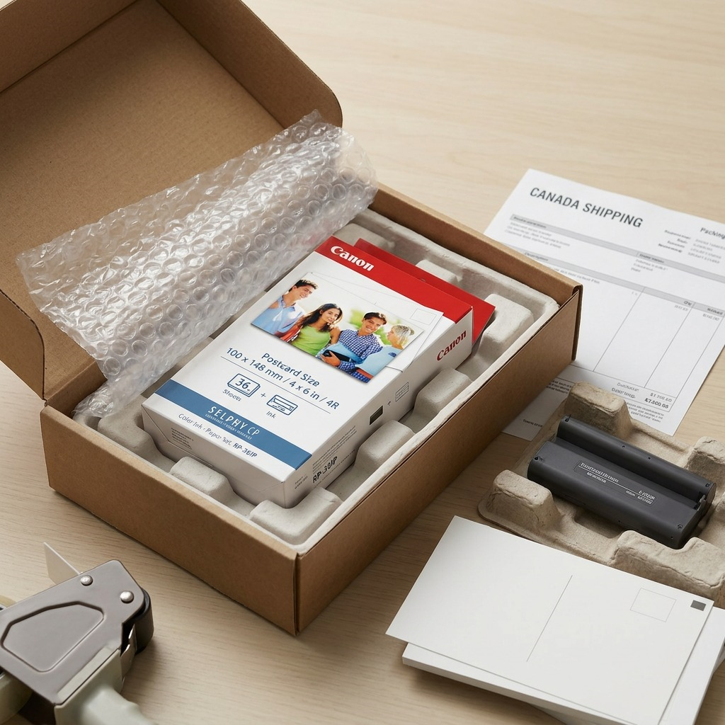 Photo of the Canon 7737A001 Ink & Paper Set, securely wrapped in protective bubble wrap and nested within a clean, sturdy corrugated brown cardboard shipping box, with an invoice visible.