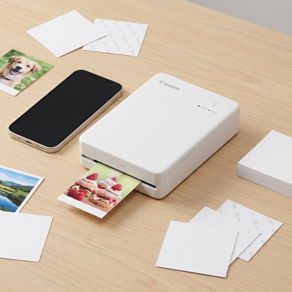 Canon SELPHY QX20 printer and smartphone on a desk for scale.