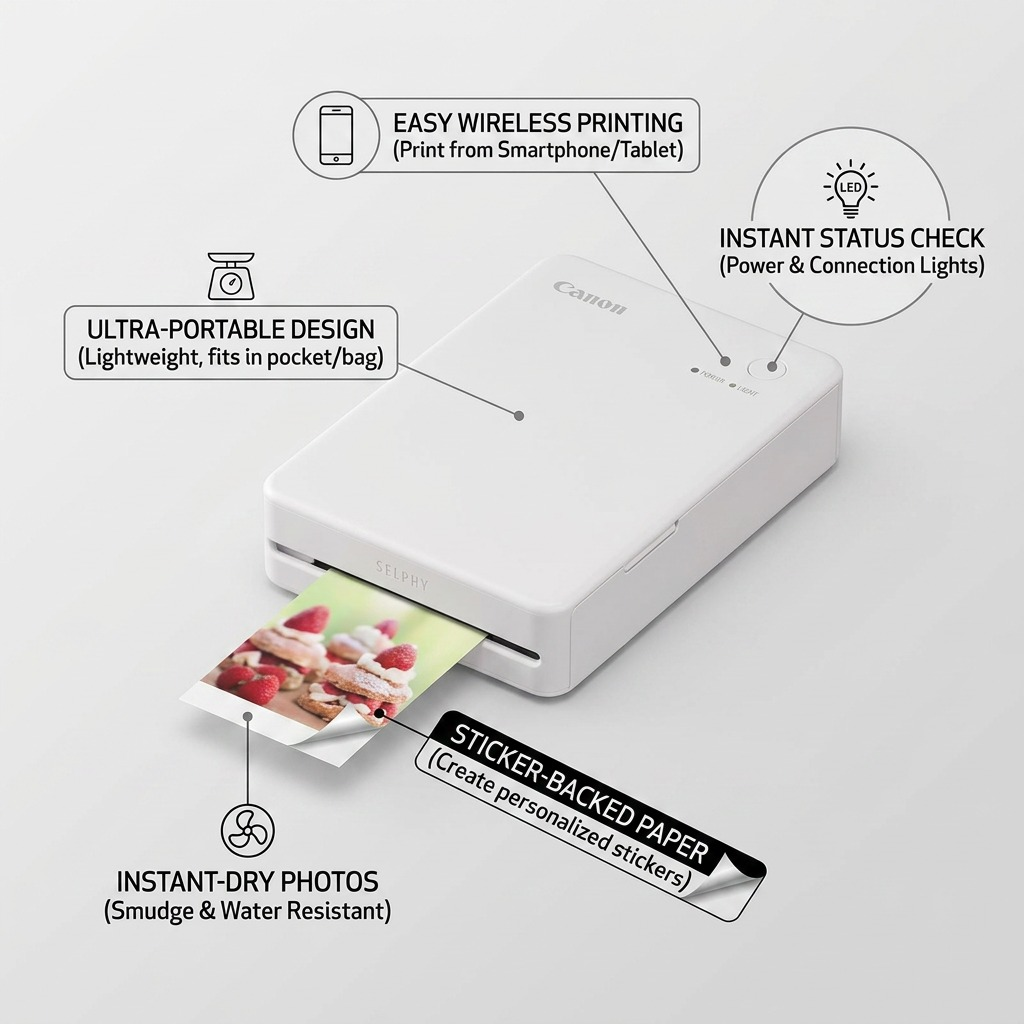Canon SELPHY QX20 white photo printer feature graphic: concise callouts and pointer lines.