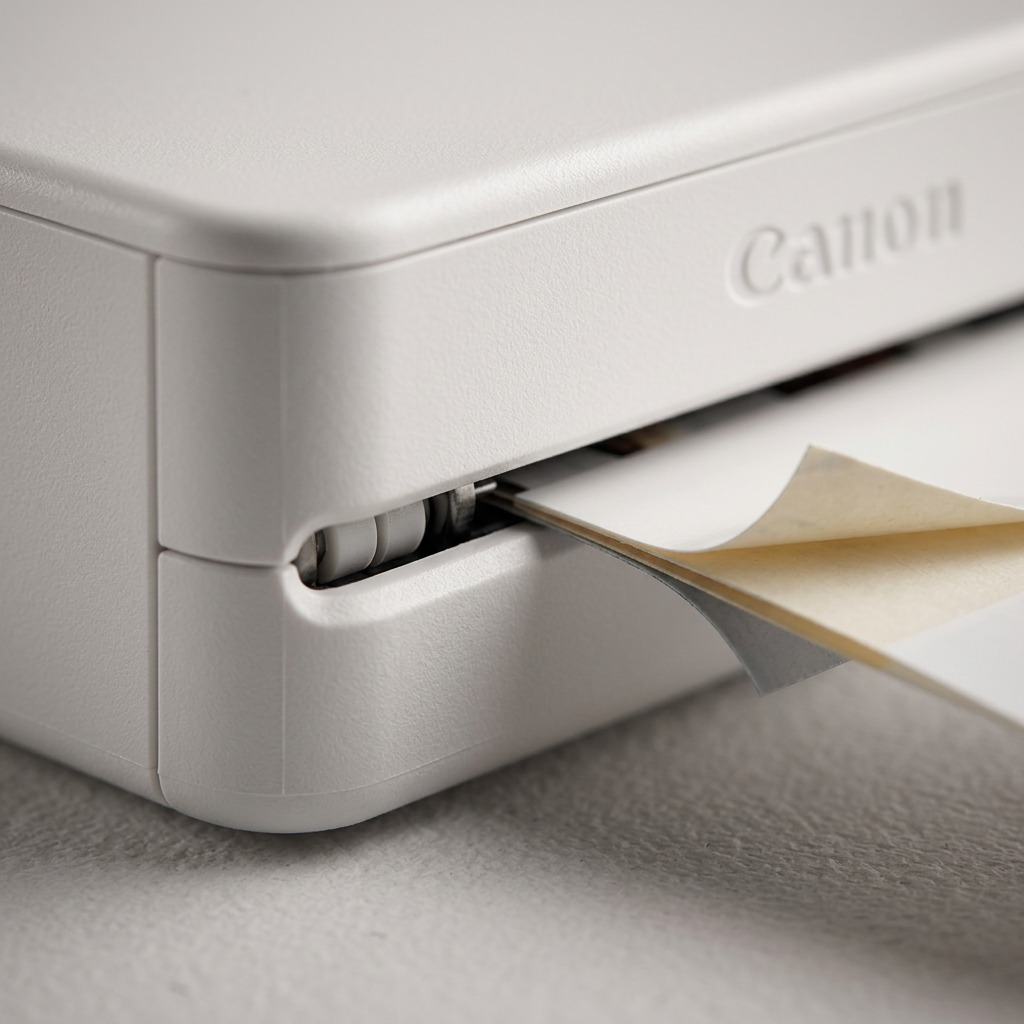 Macro close-up of the Canon QX20 print slot and a ZINK paper with its adhesive backing partially revealed.