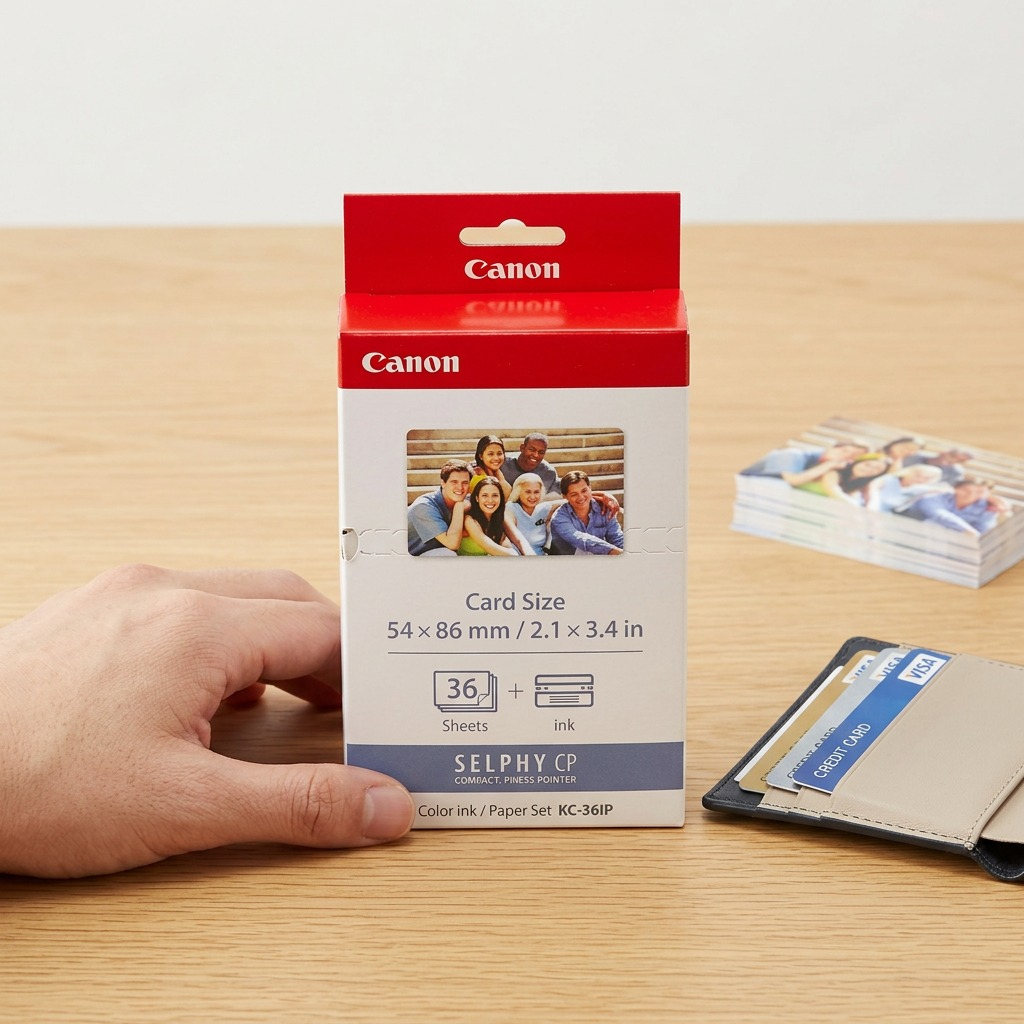 A Canon SELPHY KC-36IP paper set on a wooden desk next to a hand and credit cards, showing its size.