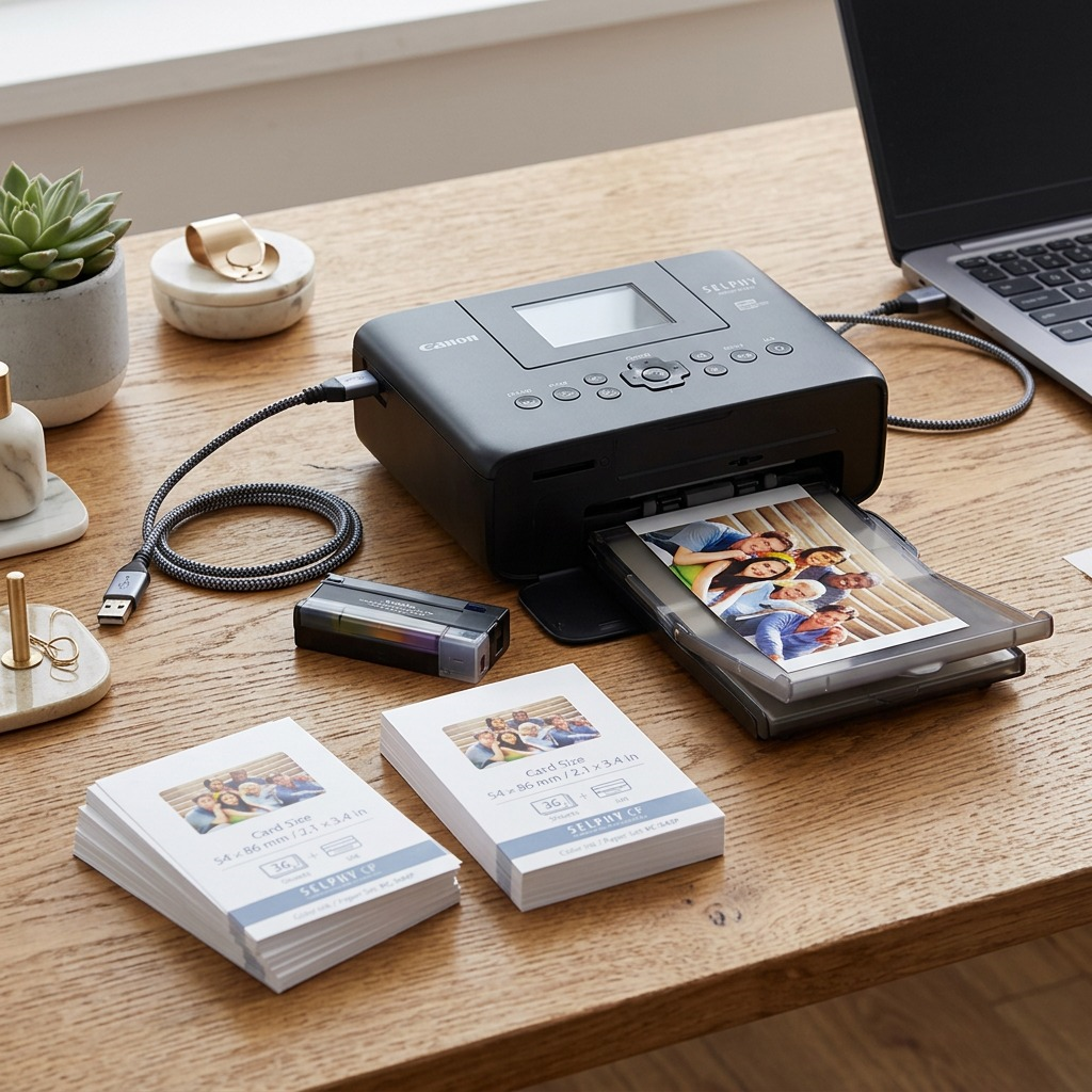 A lifestyle image showing the Canon SELPHY CP photo media set (ink and paper) in a natural home office setting, alongside a connected SELPHY printer, ready to print. The packaging is not shown, only the active product components with the correct sizing.