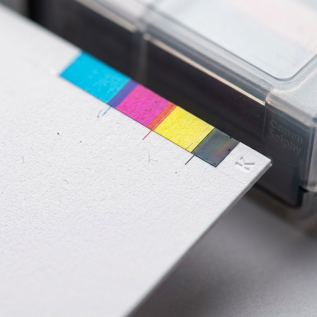 A macro photo of Canon KC-36IP card-size photo paper, showing texture and a color strip.