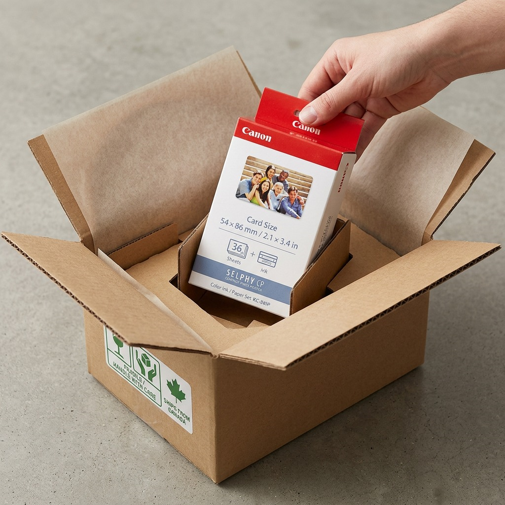 Visual matrix showing a protected Canon SELPHY KC-36IP box inside its shipping package.