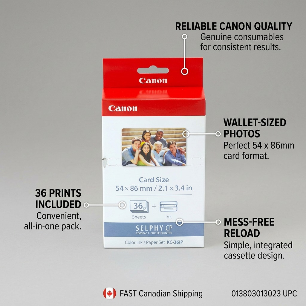 Feature callout for Canon KC-36IP ink/paper showing card size, 36 sheets, and a simple cassette reload.
