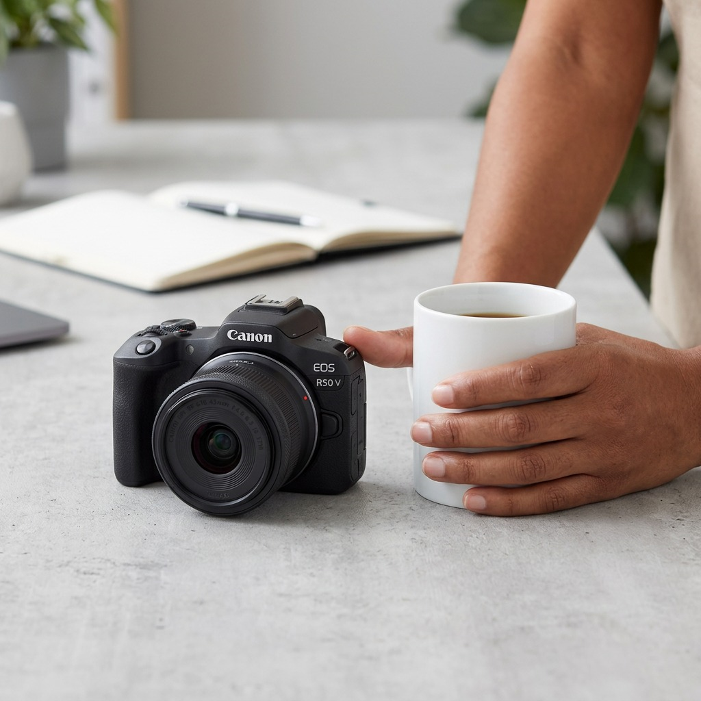 An image showing the Canon EOS R50 V lens kit beside an adult hand for scale comparison.