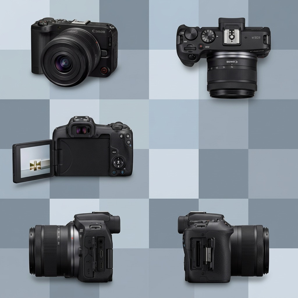 A five-panel product matrix displaying the Canon EOS R50 camera. It shows the front three-quarter view, a top-down view, a rear view, and side views with doors open. All set against a light tonal grid background.