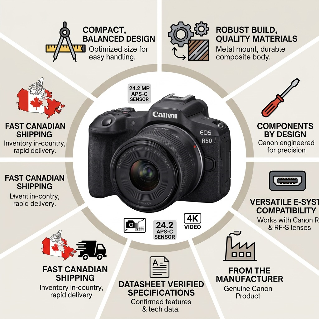 A confidence graphic for Canon EOS R50 kit, showcasing its features and Canadian shipping.