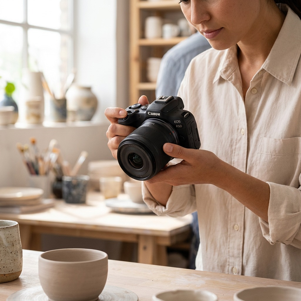A woman holds a black Canon EOS R50 camera in a sunlit art studio, capturing photos of pottery.