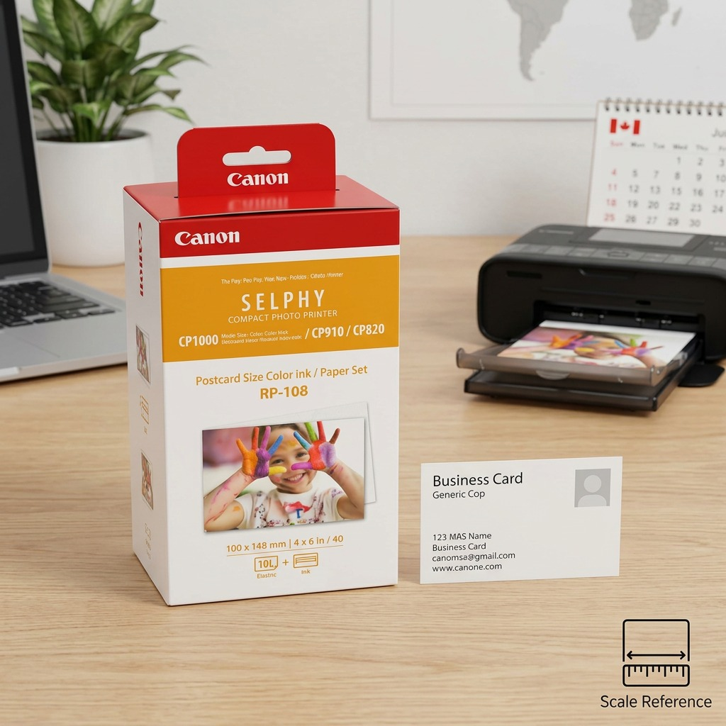 An image showing the Canon RP-108 ink/paper set packaging next to a common business card for size reference.