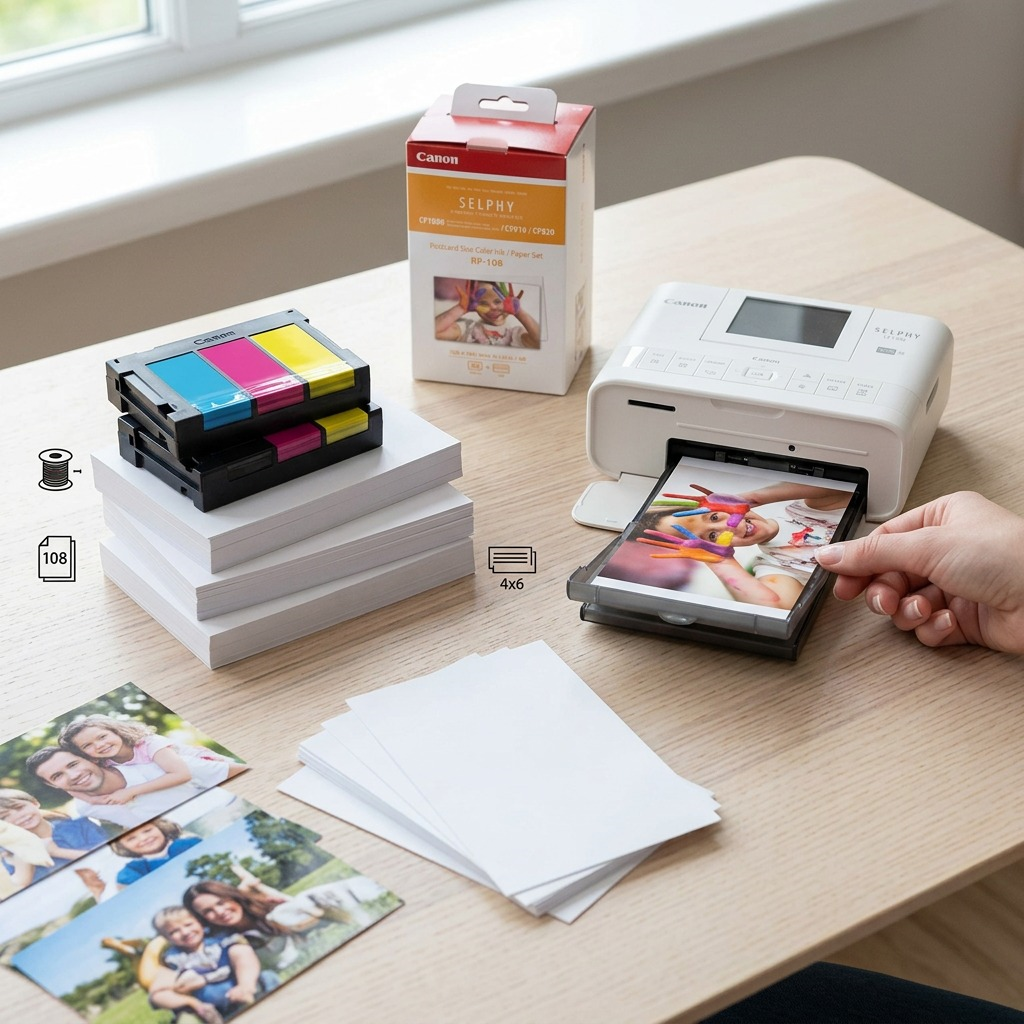 Lifestyle shot: Canon RP-108 ink and paper pack with a compact SELPHY printer and finished prints on a wooden desk.