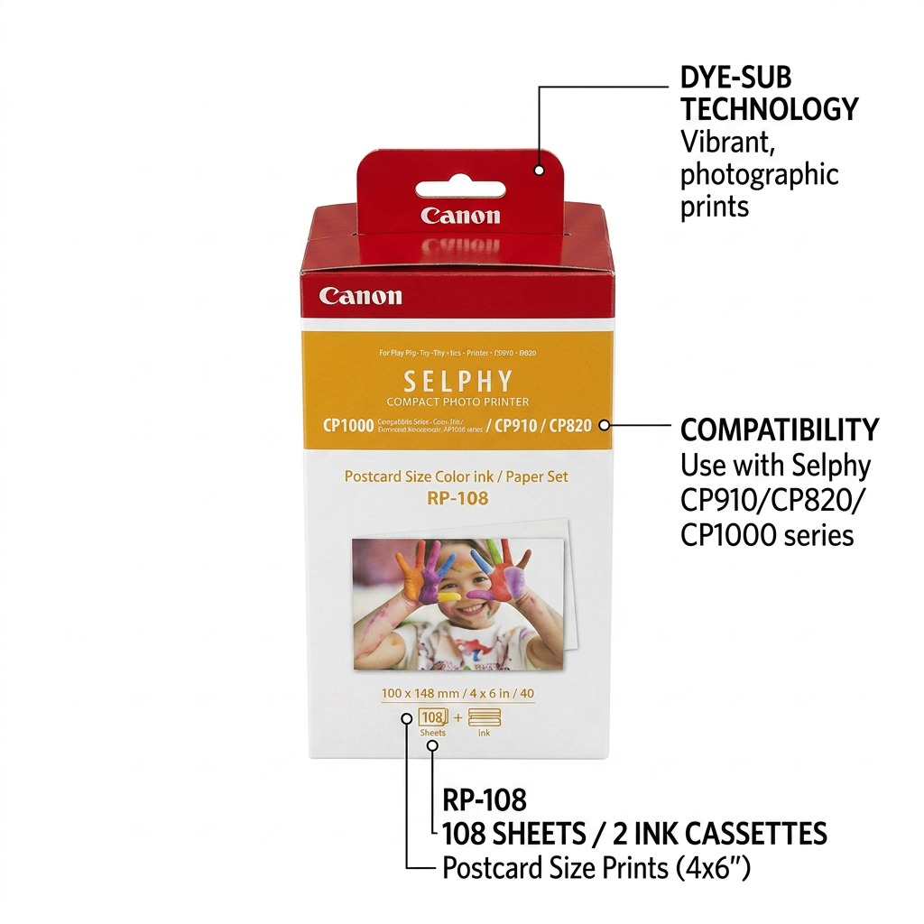 Operational feature callout graphic for Canon Selphy RP-108 ink and paper set.
