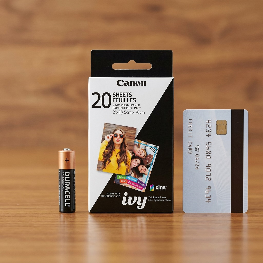 A ZINK paper pack sits beside an standard AA battery and a credit card on a wooden surface for size.