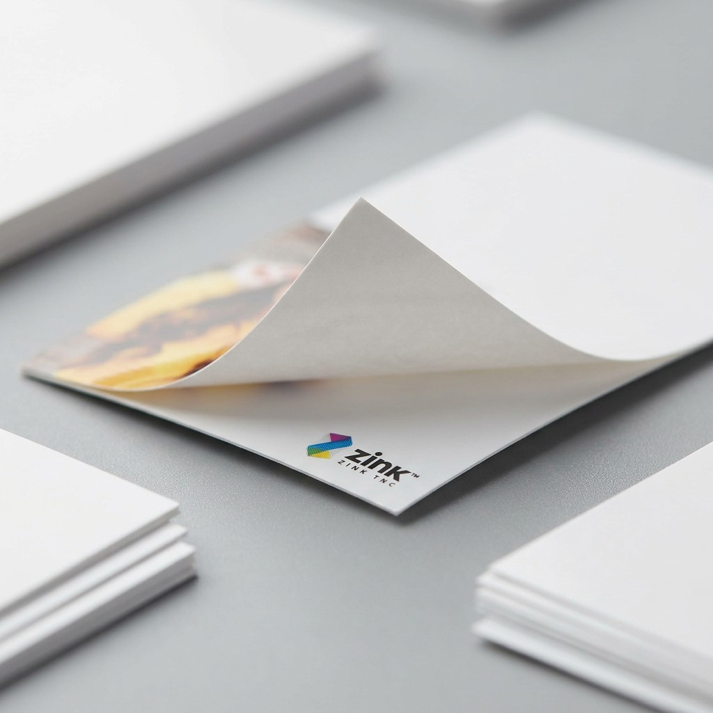 Macro inspection showing the glossy print surface and adhesive backing of Canon ZINK photo paper.