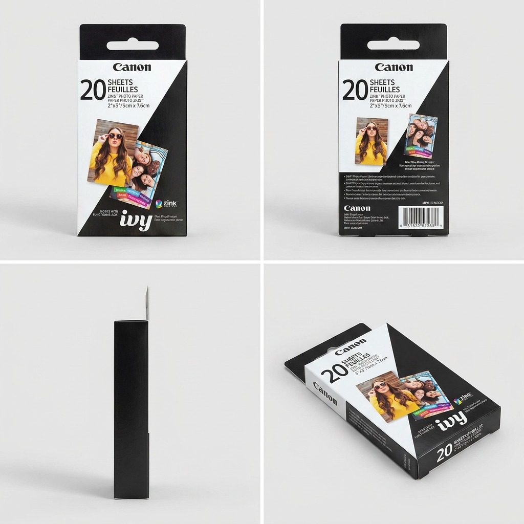 A grid displaying the Canon ZINK Photo Paper 20-sheet pack from front, side, and rear angles.
