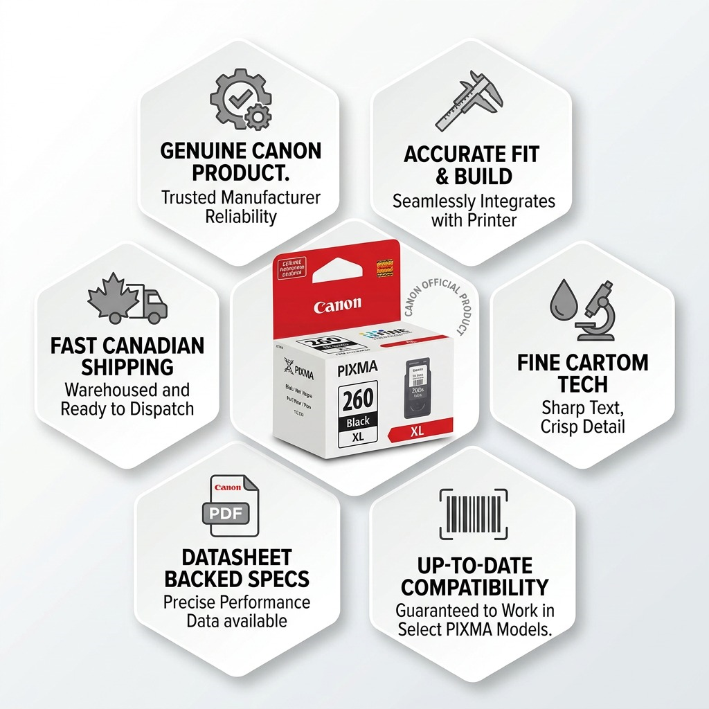 Canon PG-260XL trust infographic: genuine product, fast shipping, accurate fit, compatibility verified.