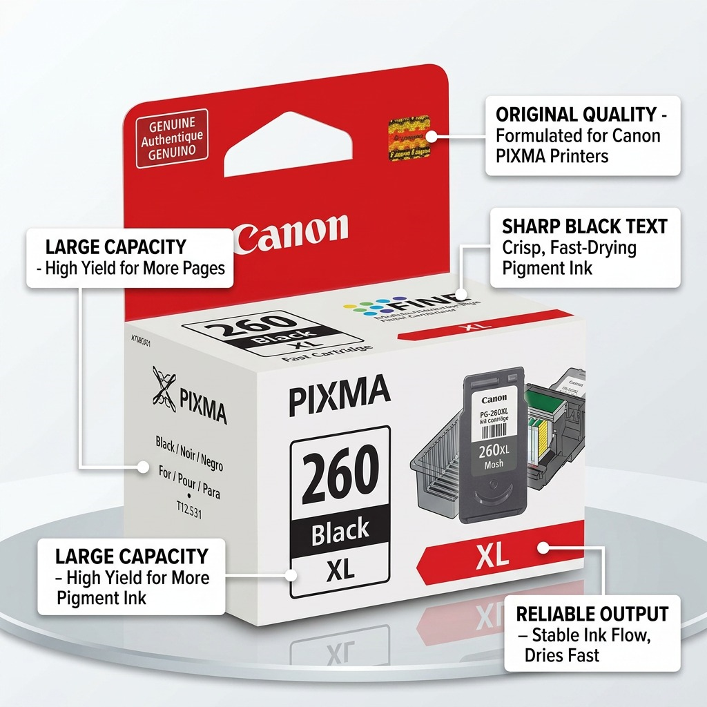 E-commerce visual callouts on a Canon PG-260XL ink cartridge, highlighting capacity and genuine quality.