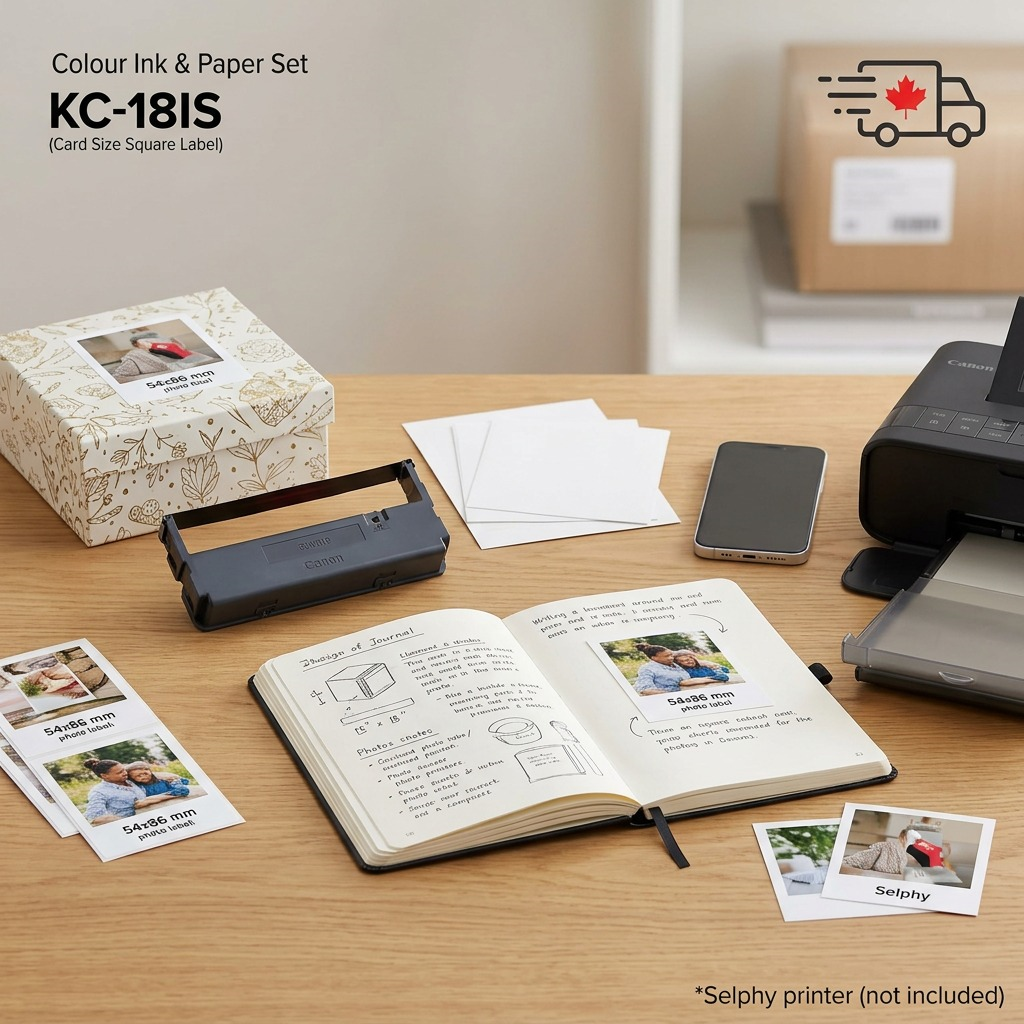 A real-world photo of the Canon KC-18IS square labels and matching ink cartridge in natural light, used for scrapbooking small photos on a textured desk.