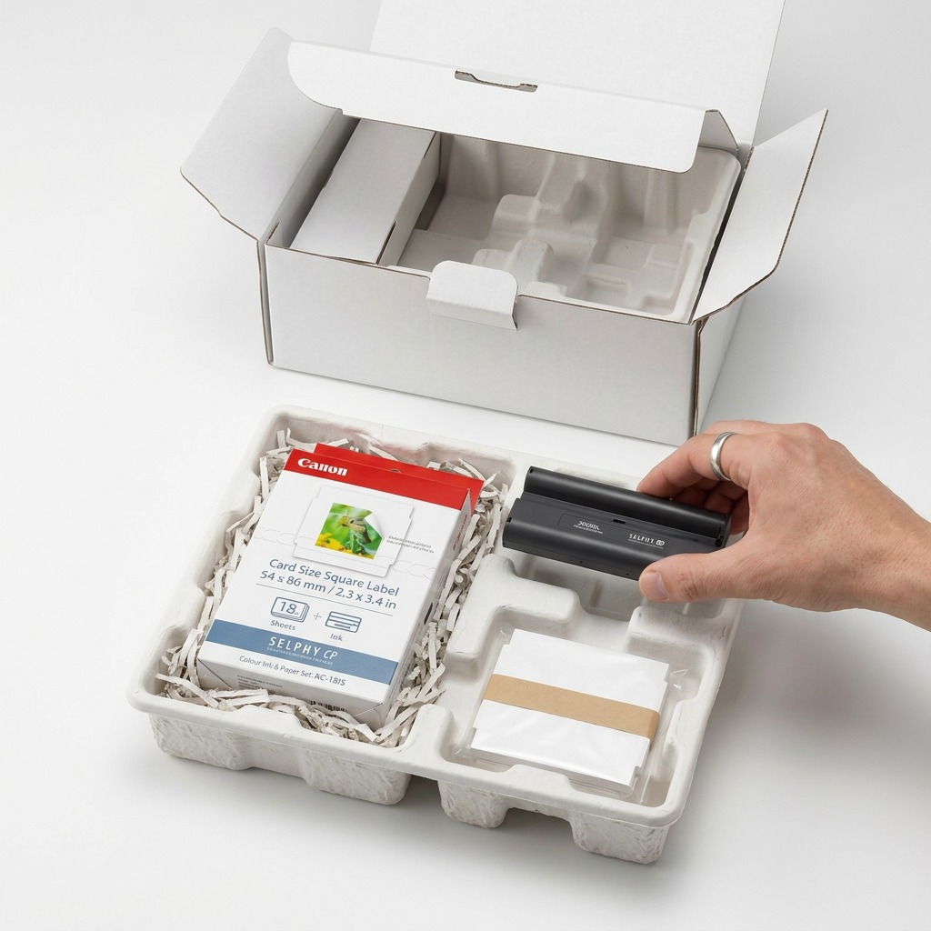 A realistic, premium unboxing scene showing the Canon KC-18IS ink and label box with protective padding.
