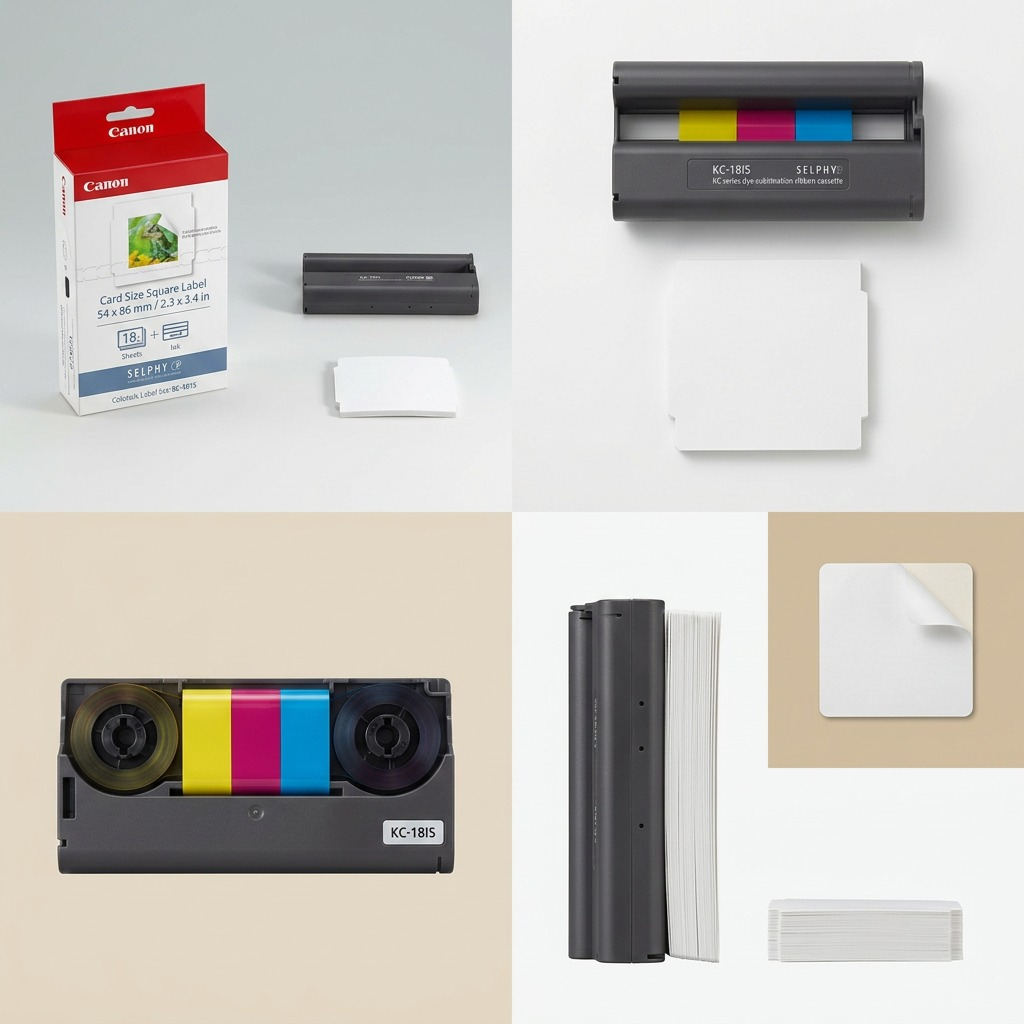 A multiple-view matrix of the Canon KC-18IS set: box, front ink cartridge, side, and rear views.