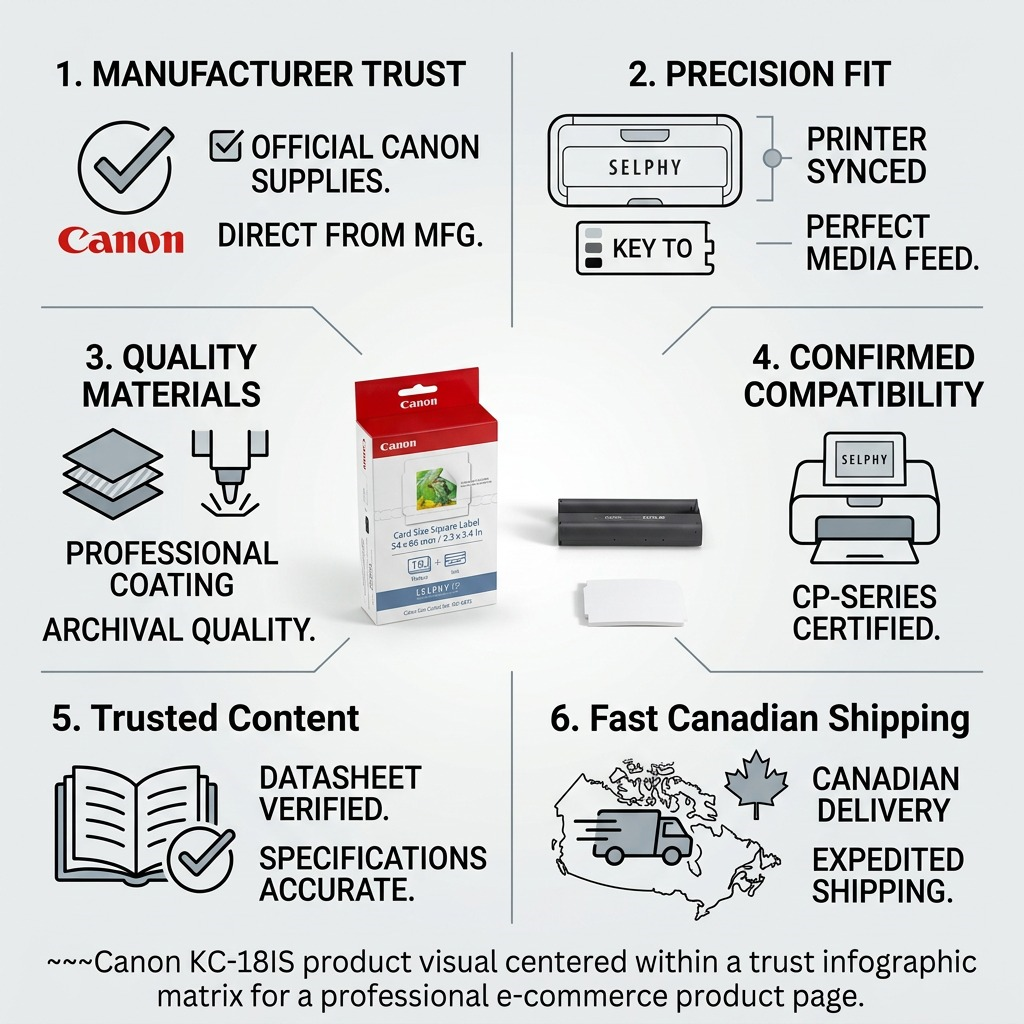 Canon KC-18IS product visual centered within a trust infographic matrix for a professional e-commerce product page.