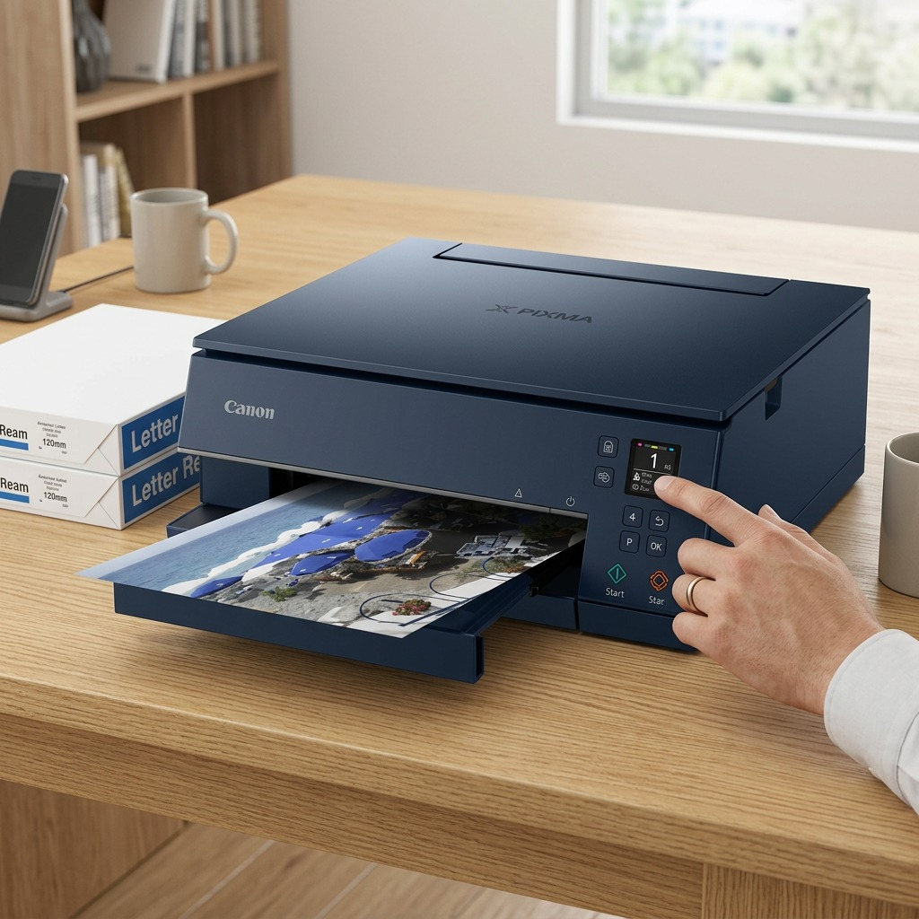 A navy blue Canon TS6320 printer in a home office, shown next to a hand and coffee mug to establish scale.