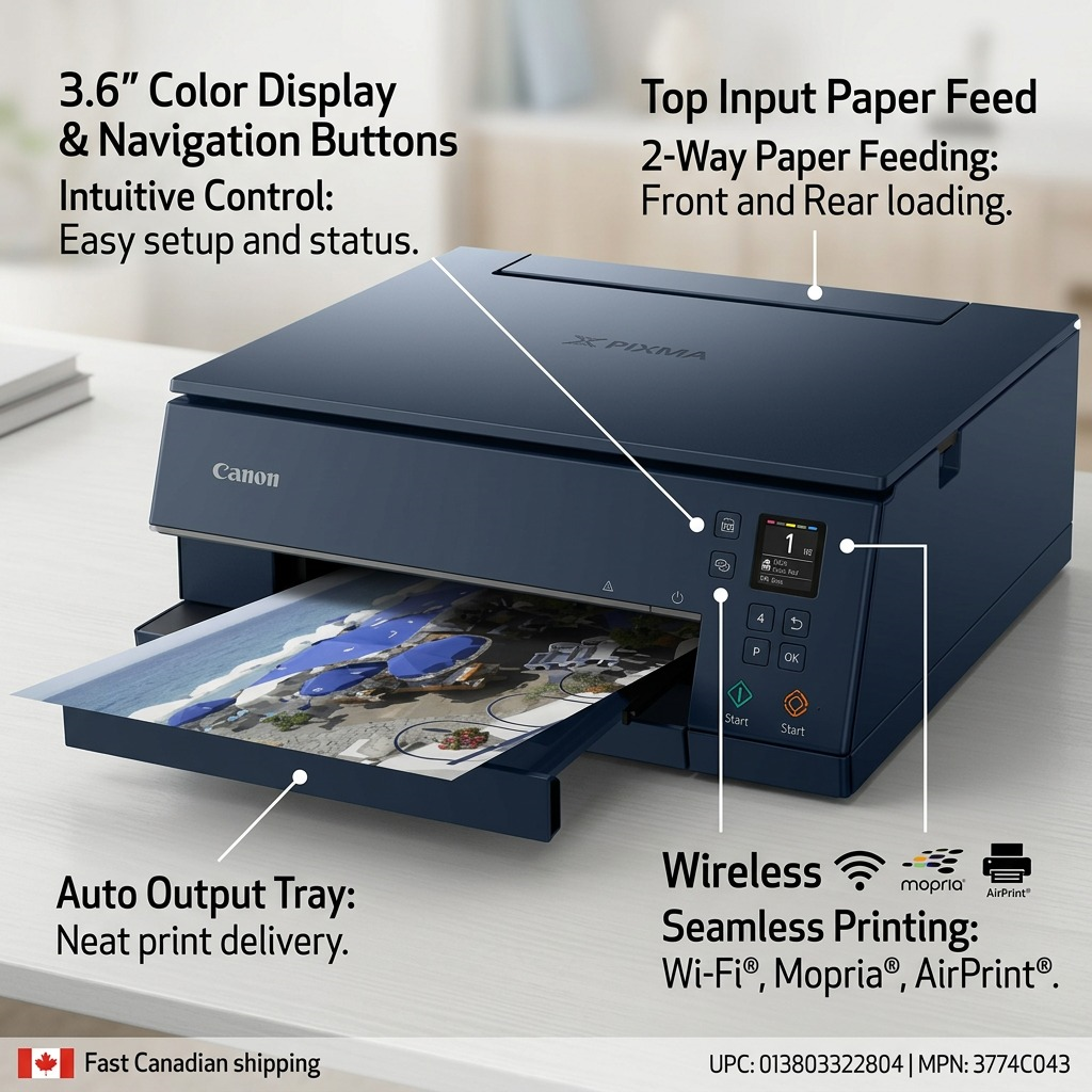 A navy Canon PIXMA TS6320 printer with labeled features and capabilities.