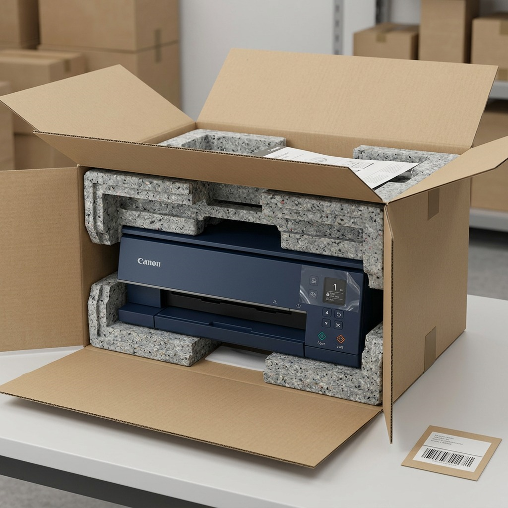 Neutral shipping box opened, revealing the Canon PIXMA TS6320 Navy printer securely held by foam inserts.