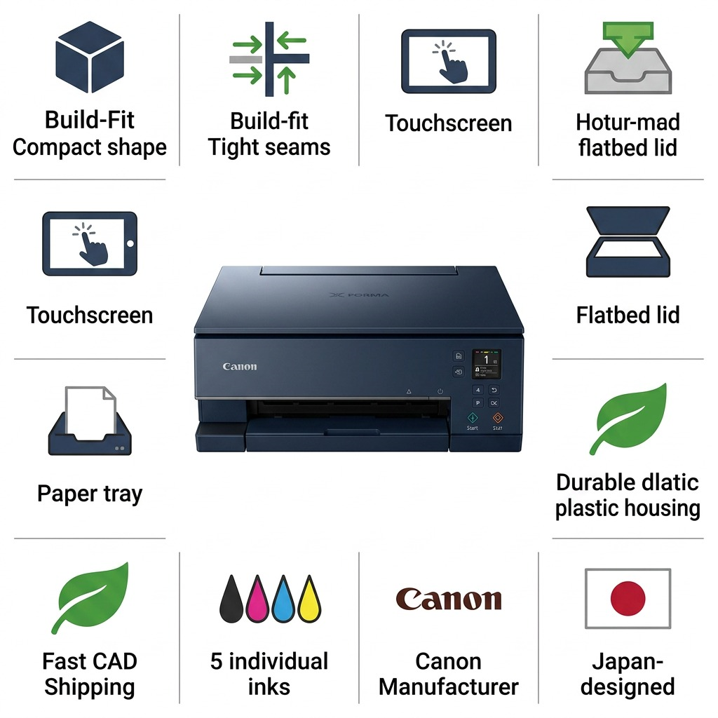 Canon PIXMA TS6320 Navy printer, featured in an informative matrix on a clean background. Includes details and icons on build, design, material, components, and fast shipping.