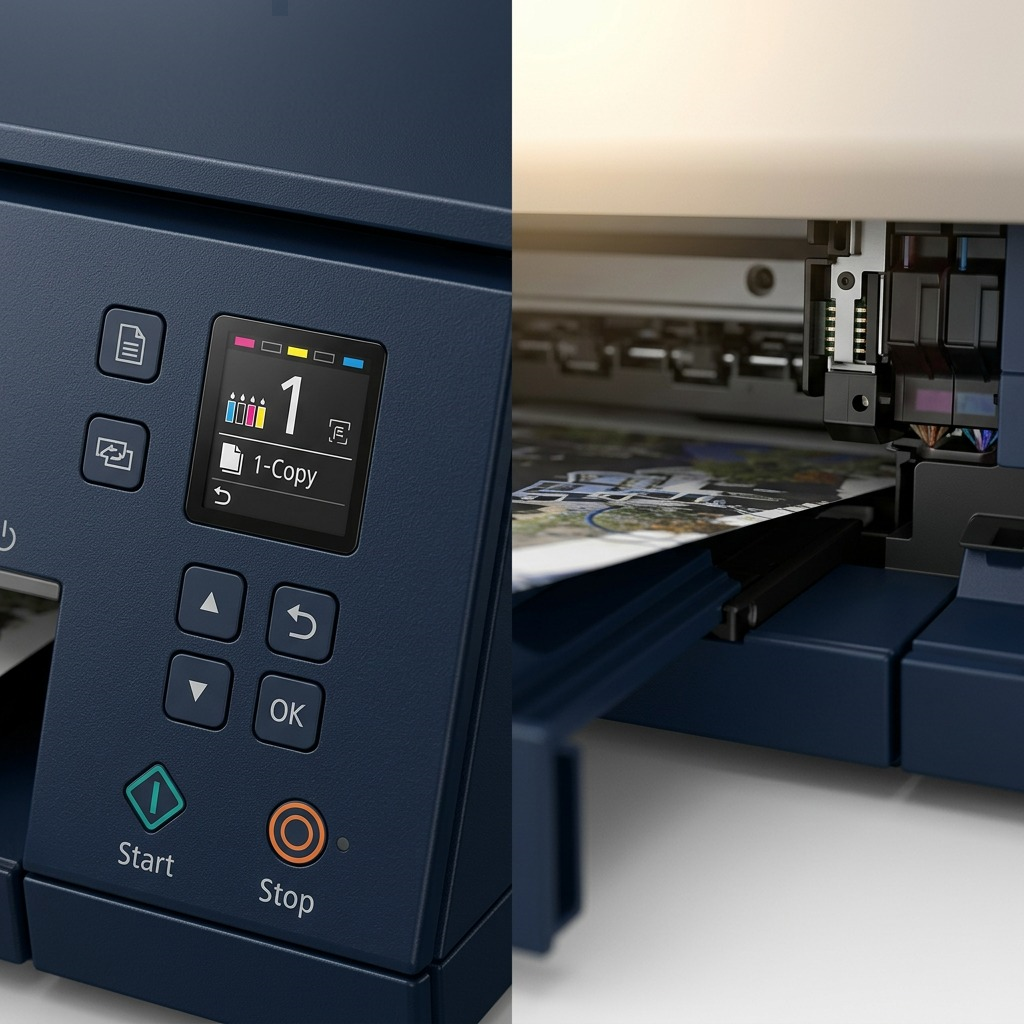A detailed macro photo of the Canon TS6320 Navy control panel on textured plastic.