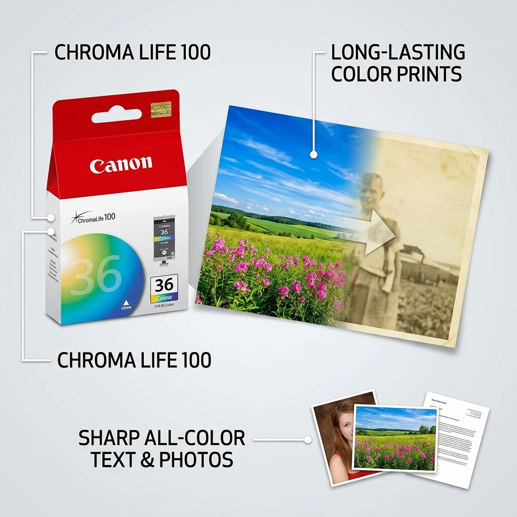 Ecommerce feature graphic for Canon CLI-36 Colour ink, clean style with concise callouts highlighting ChromaLife100 system, long-lasting color prints, and sharp photo quality. Contains reference image of CLI-36 packaging.